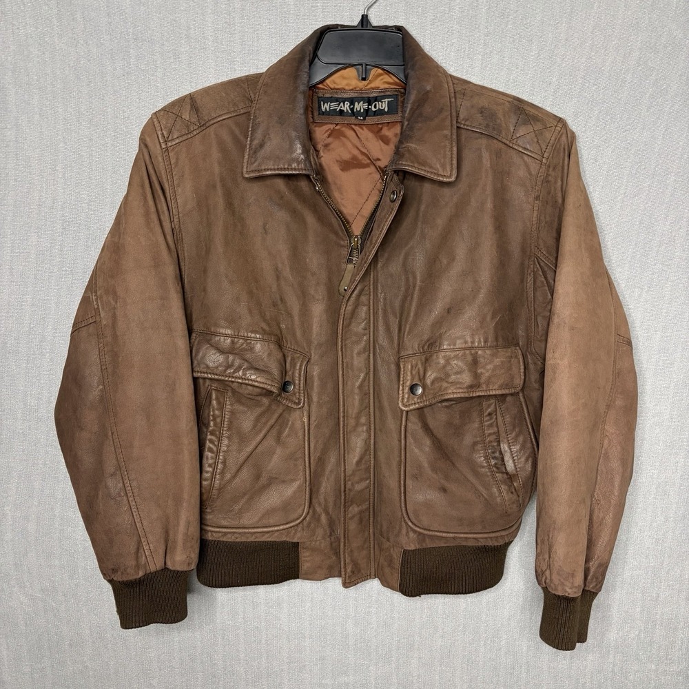 Men's Size 38 Medium U2 Vintage Wear Me Out Leather Bomber Jacket Military Style